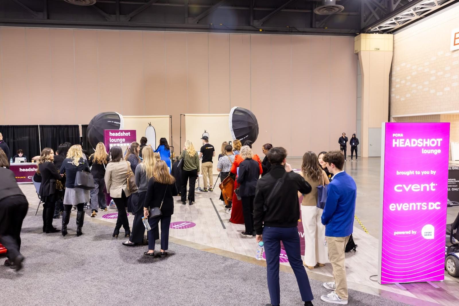 The line at the PCMA headshot lounge, sponsored by Cvent and Events DC