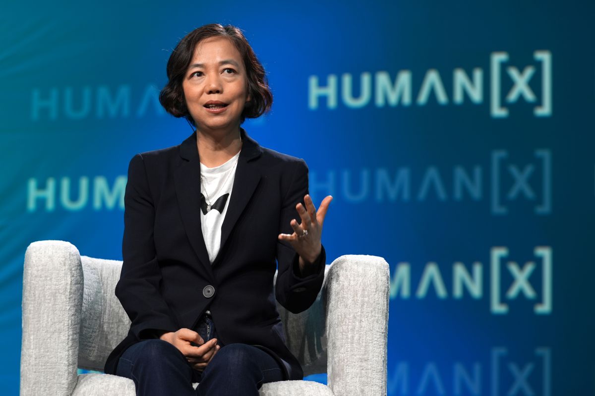 Fei-Fei Li speaking on a HumanX 2026 panel in San Francisco, photographed by Big Event Media