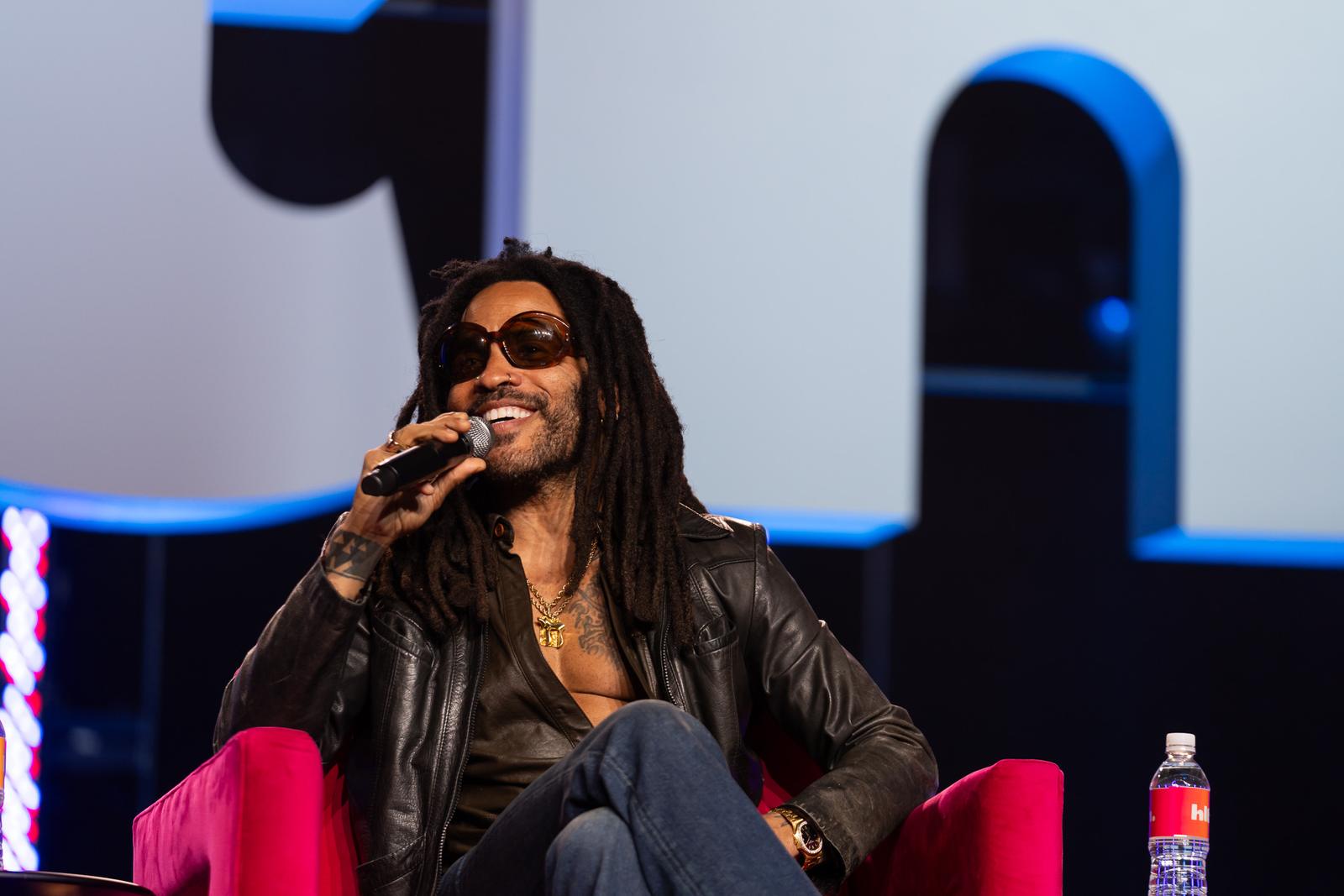 Lenny Kravitz speaking on the HLTH mainstage