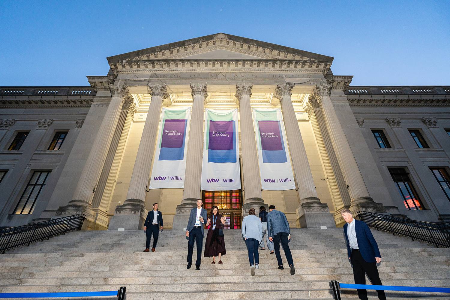 Franklin Institute exterior at blue hour during RISKWORLD