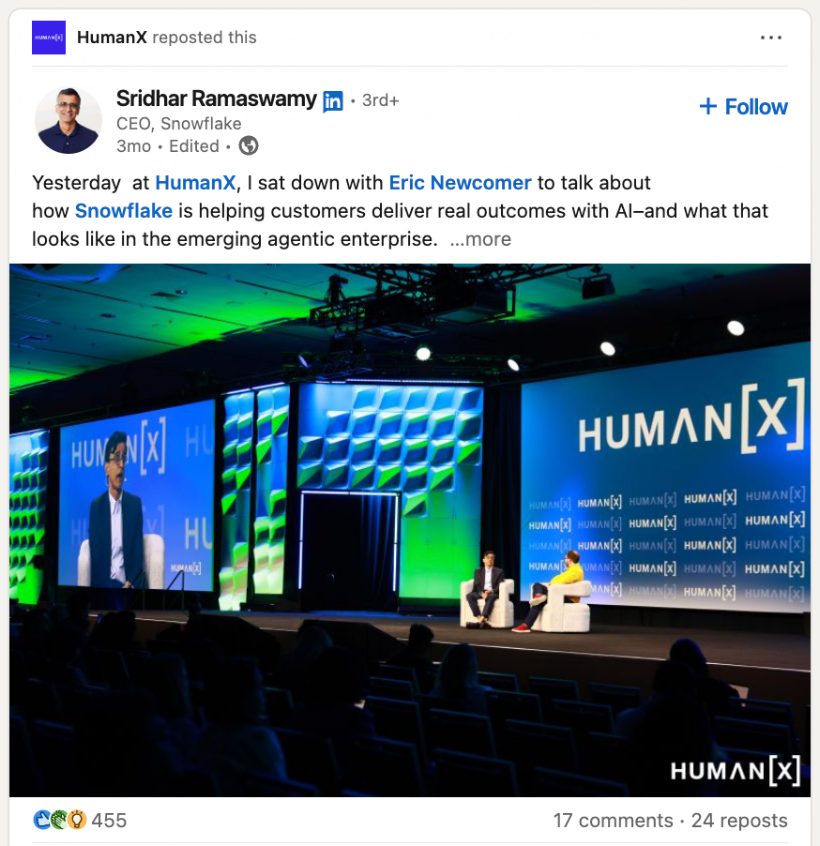 HumanX speaker sharing Big Event Media photos on LinkedIn