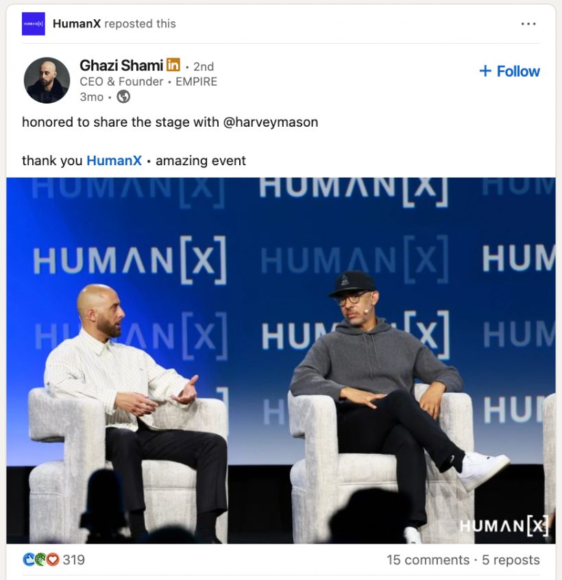 HumanX speaker sharing Big Event Media photos on LinkedIn