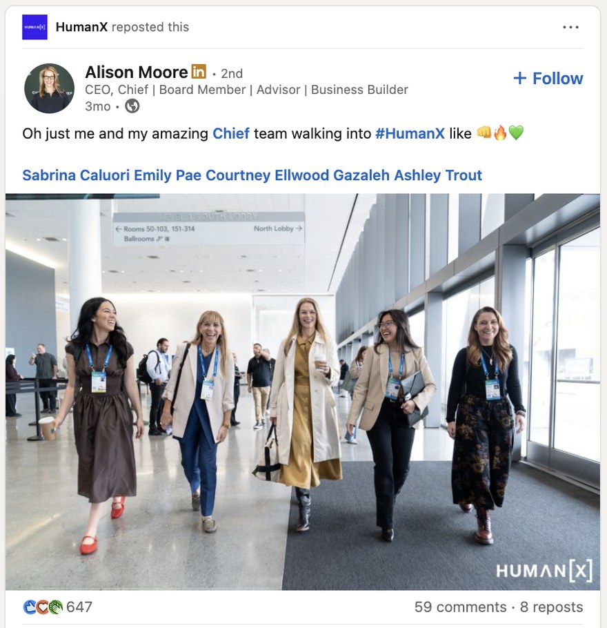 HumanX attendee sharing Big Event Media photos on LinkedIn
