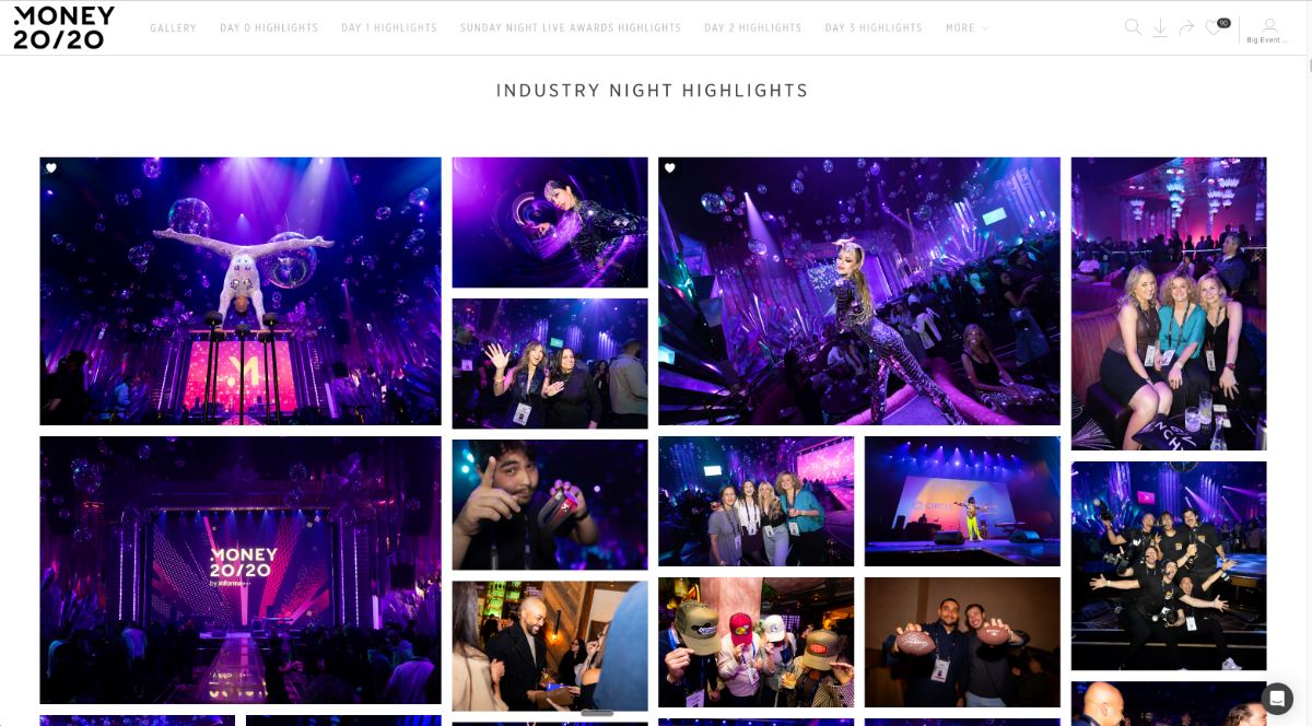 Money20/20 Pic-Time client gallery on the Industry Night Highlights view, with a curated grid of photos
